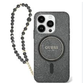 מגן IPH 16 GUESS Glitter Magsafe & Beads Strap Black