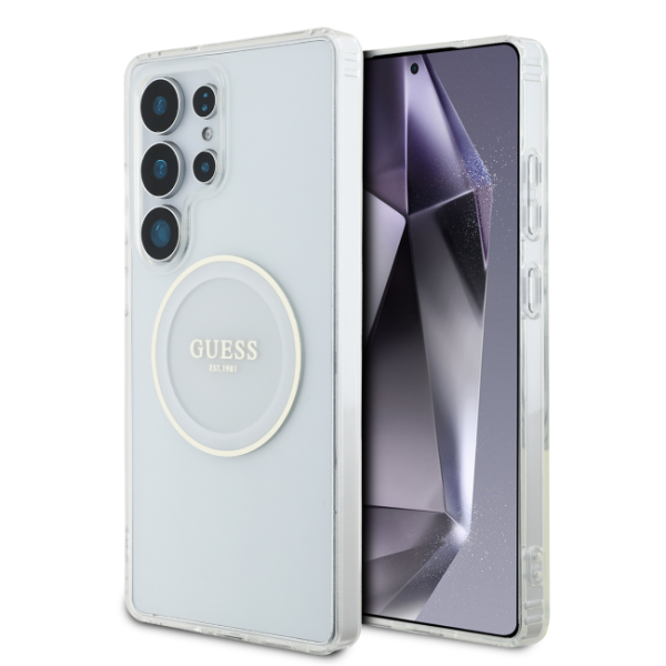 כיסוי גלקסי מאגסייף לבן S25 ULTRA מנצנץ עיגול GUESS
