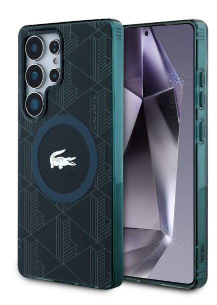 כיסוי מאגסייף גלאקסי S25 ULTRA מונוגרמה כסופה לוגו תנין ירוק LACOSTE