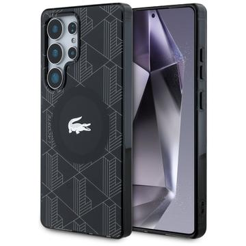 כיסוי מאגסייף גלאקסי S25 ULTRA מונוגרמה כסופה לוגו תנין שחור LACOSTE