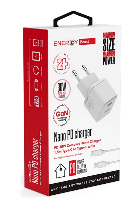 מטען Energy Nano PD 30W כולל כבל USB-C to USB-C באורך 1.5 מטר