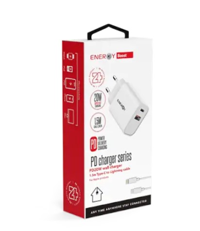 מטען קיר מהיר Energy PD20W עם כבל Type-C to l באורך ‎1.2‎ מטר