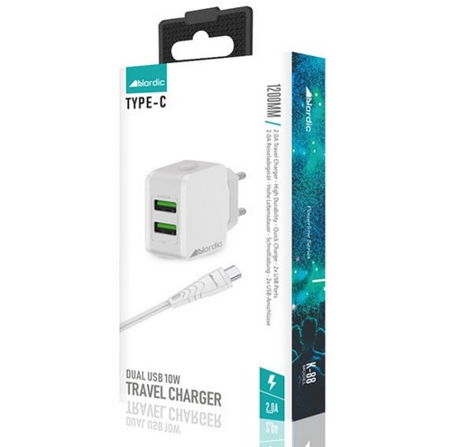 מטען מהיר עם זוג יציאות USB וכבל USB-C מבית Nordic
