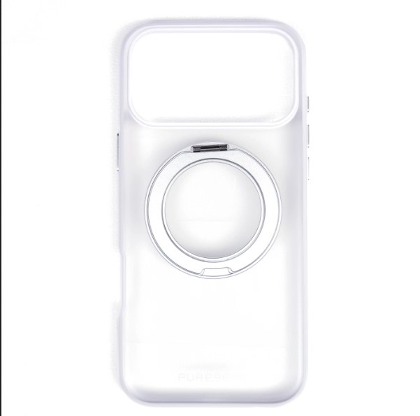 כיסוי שקוף-עשן לאייפון 18 פרו מקס תומך MagSafe עם טבעת סטנד מסתובבת - לבן