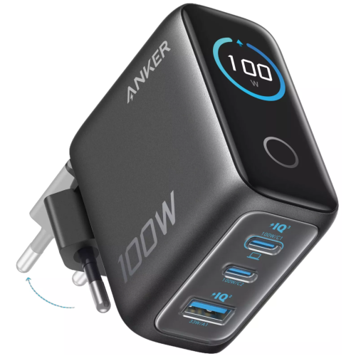 Anker Nano 100W Wall Charger (2×USB-C + USB-A) with Digital Display — Black