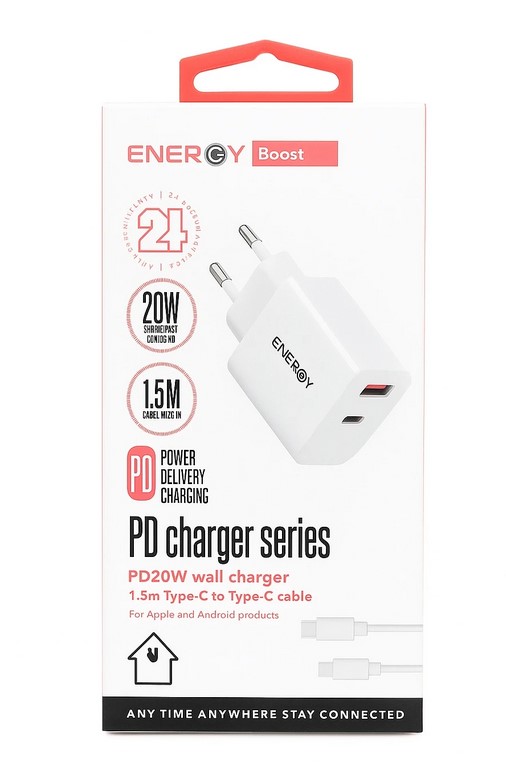 מטען קיר מהיר Energy PD20W עם כבל Type-C באורך ‎1.5‎ מטר