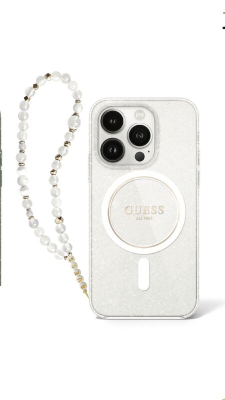 מגן IPH 16Pro GUESS Glitter Magsafe & Beads Strap White